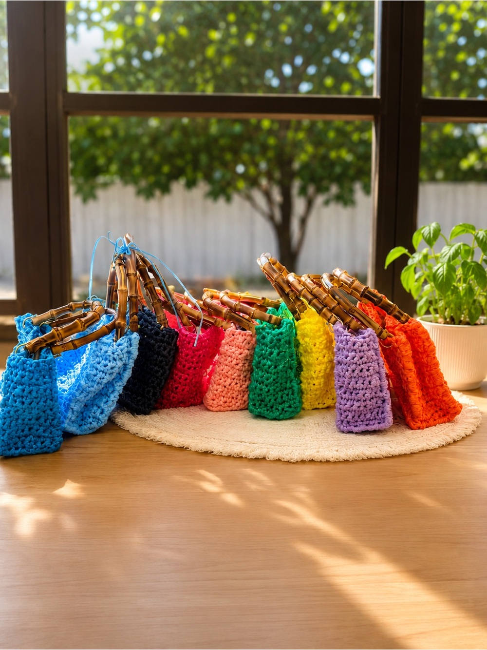 Hand-Crocheted Bamboo Handle Mini Bag - Rainbow Colors